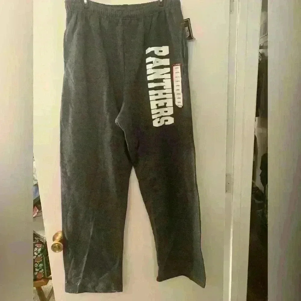New Panther’s men’s gray sweatpantssize largewidth, spell out down leg
